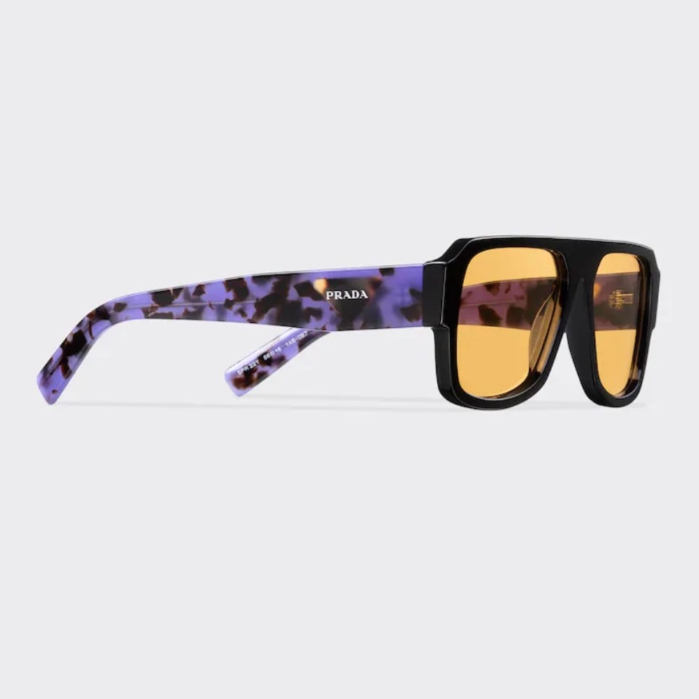 Prada Black Frame Sunglasses with Purple Tortoiseshell Temples and Amber Lenses